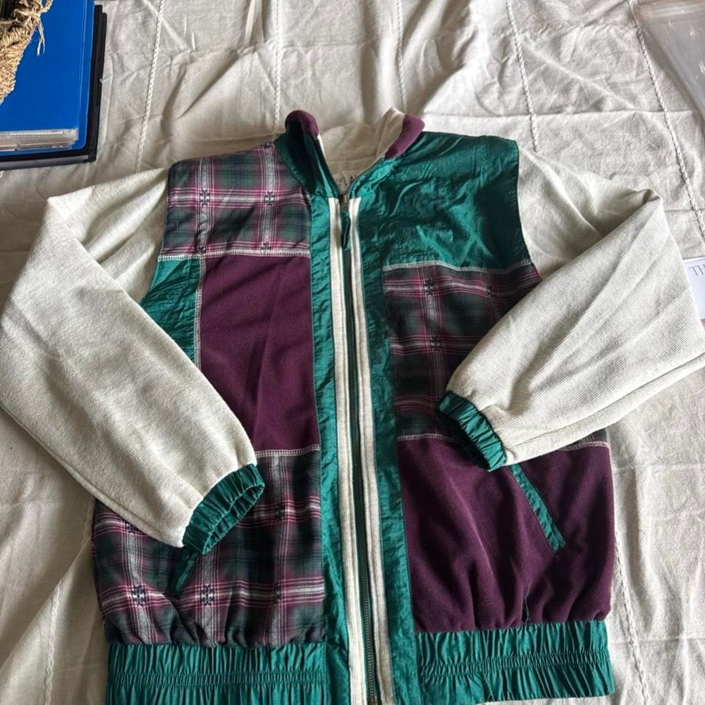 Vintage LAVON green, purple, and white plaid polyester